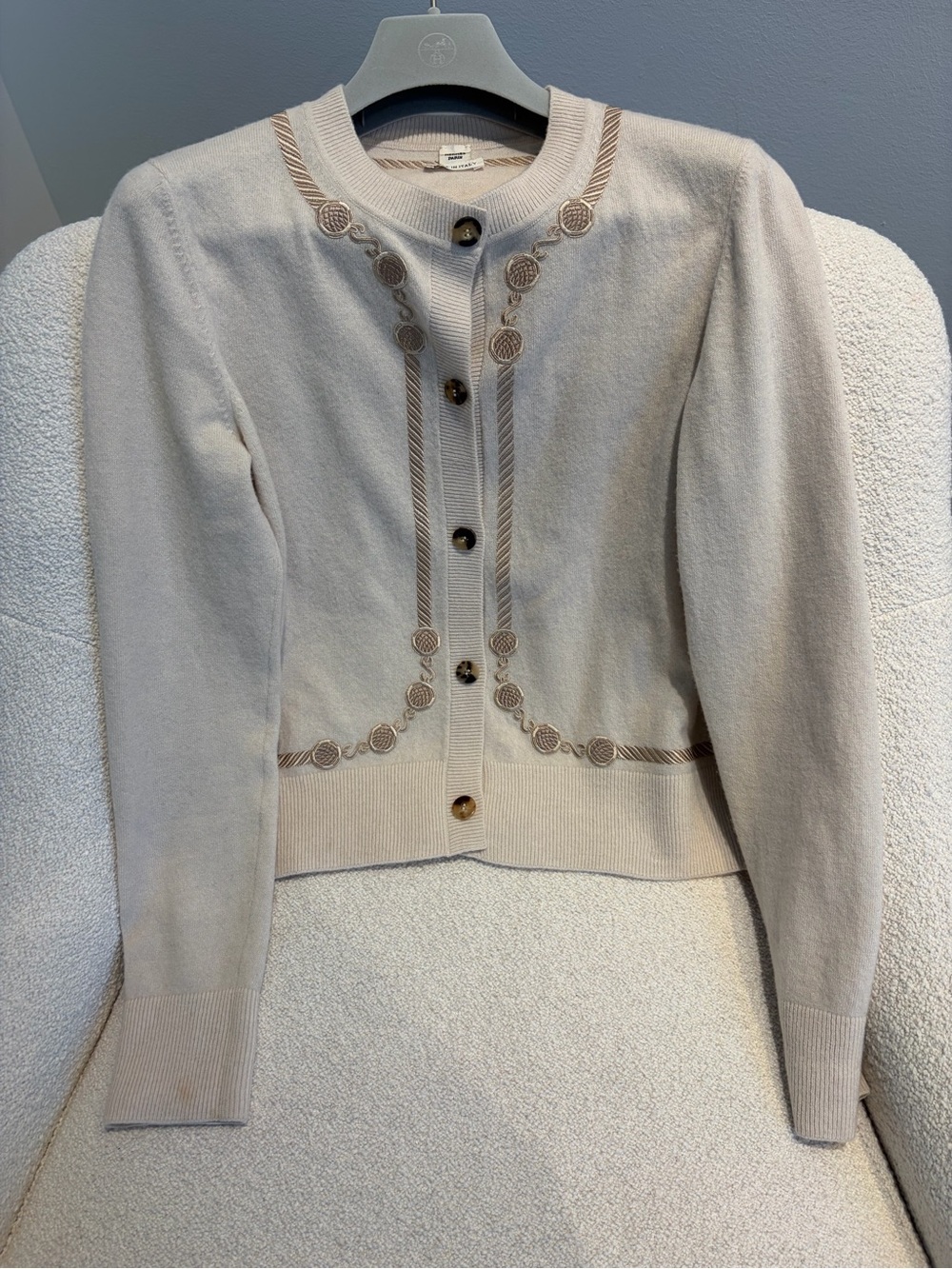 Hermes Cream Knit Embroidered Button Cardigan authentic **